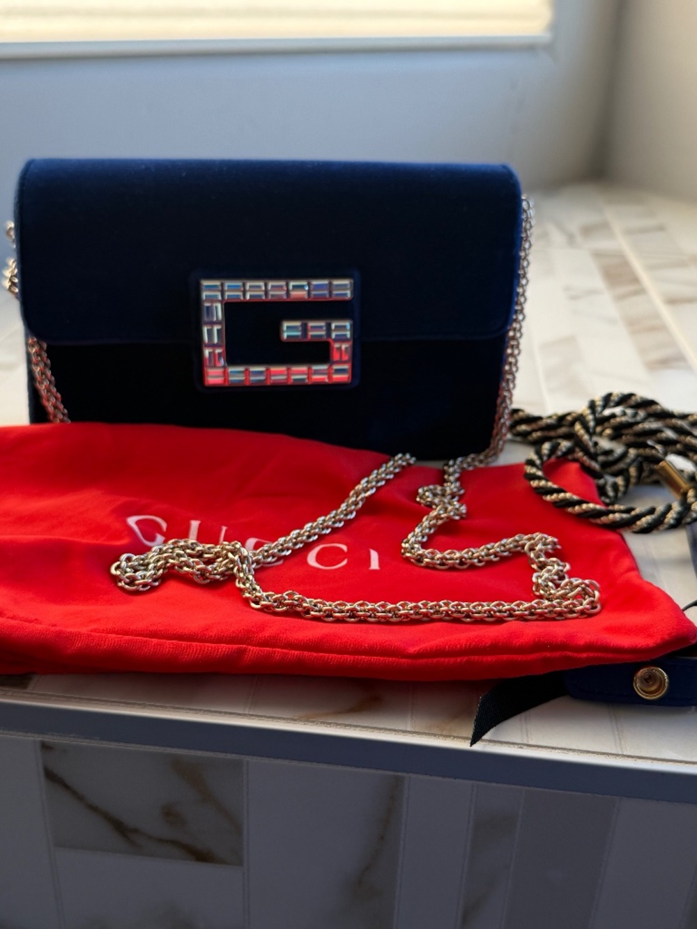 Gucci blue Velvet Broadway BaG with crystals